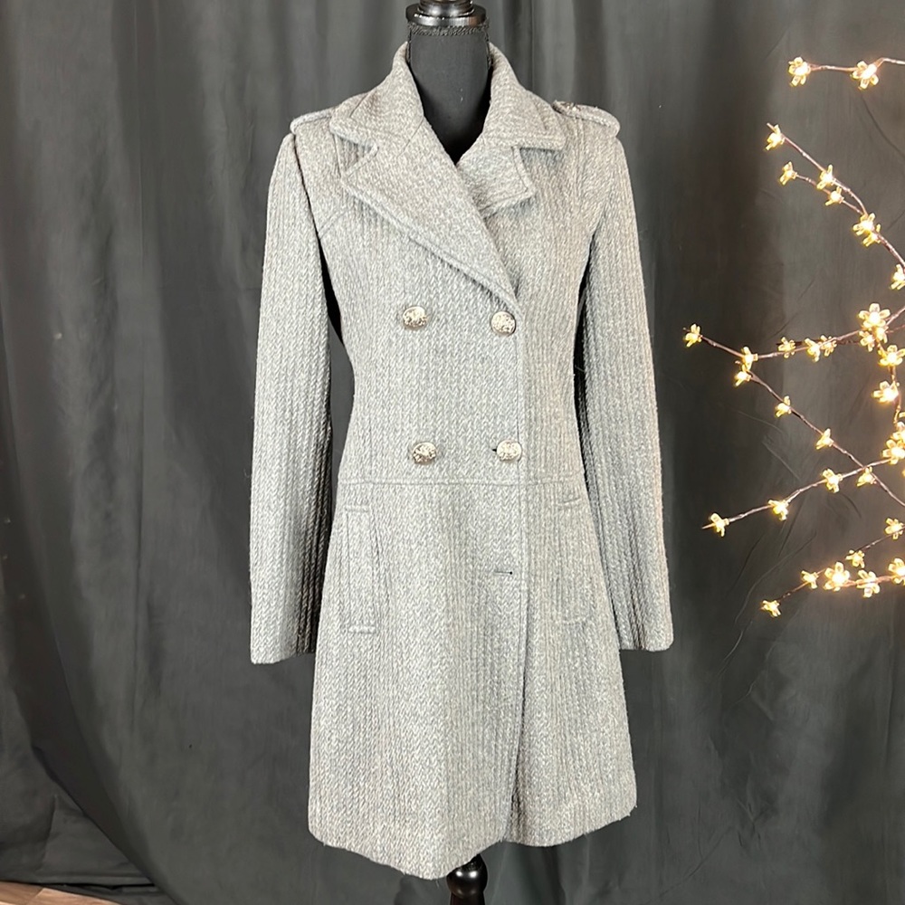 Womens Gray Double-Breasted Wool Blend Coat